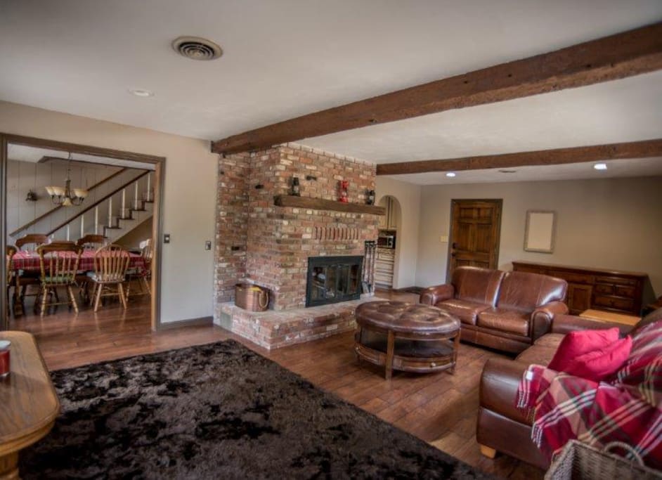 living room and brick fireplace
