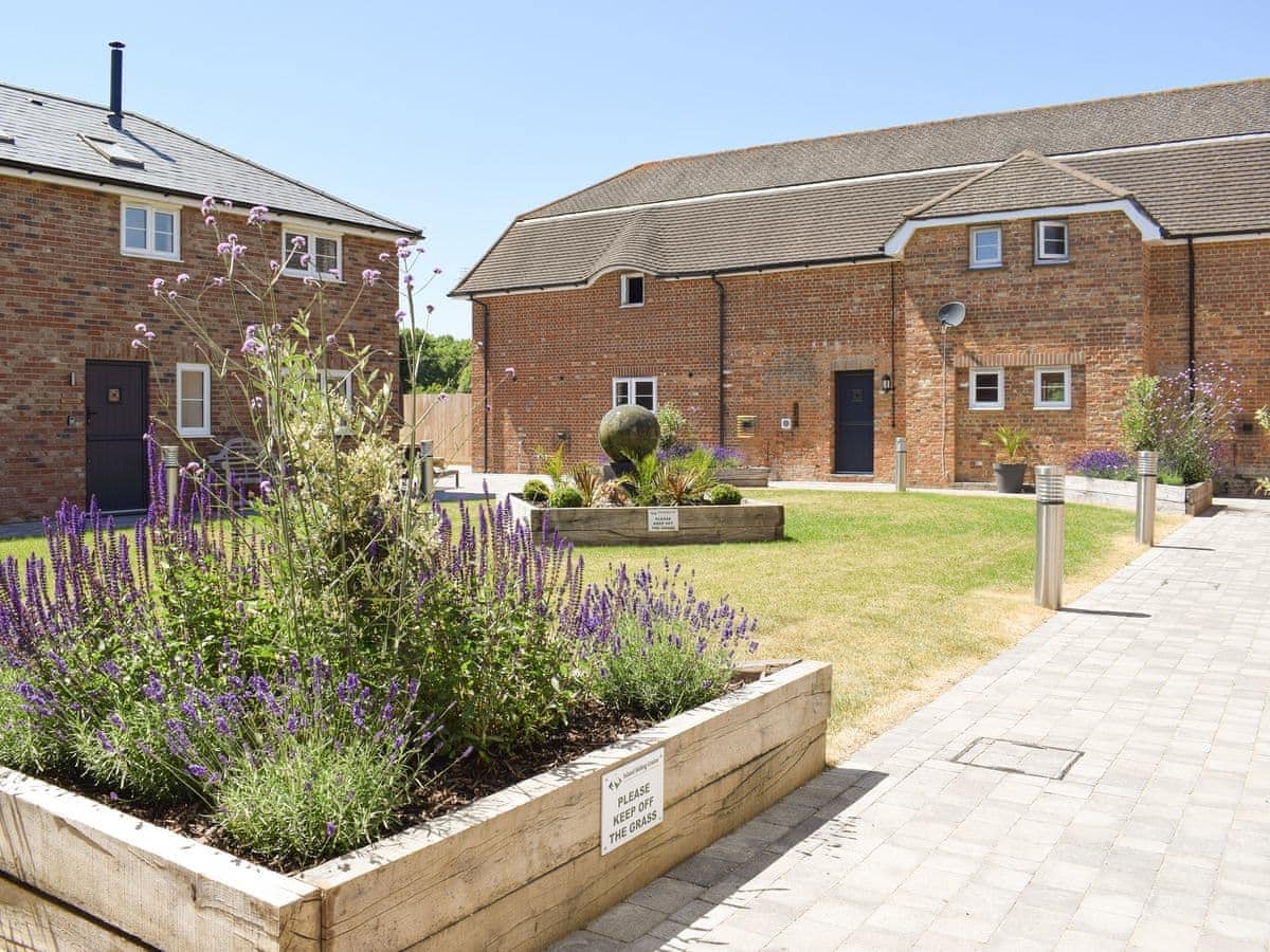 The landscaped courtyard features low-level planting beds with lavender and ornamental grasses. Pathways are bordered by well-maintained grass areas. Nearby, mews-style houses exhibit brick exteriors and contain multiple entrances, creating a welcoming environment in a peaceful setting.