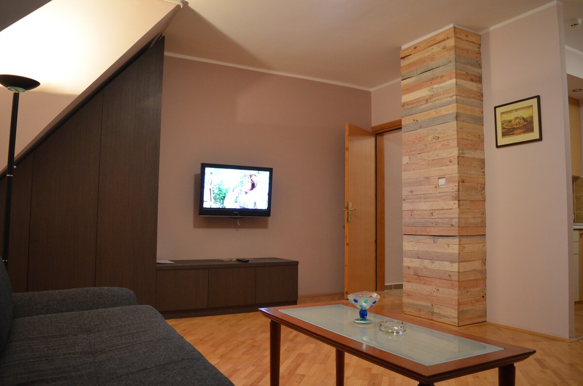 A modern living area is depicted, featuring a wall-mounted LCD TV against a soft pink wall. A wooden cabinet and a glass-top coffee table are present, complemented by a cozy sofa. Warm wooden flooring extends across the space, with a door leading to another area.
