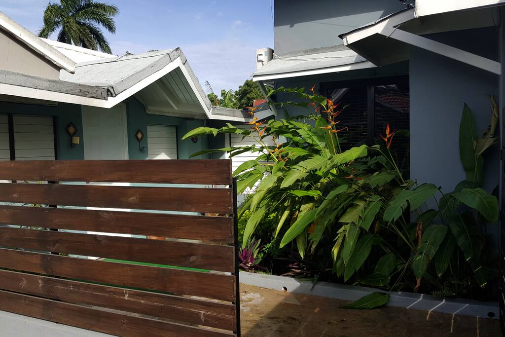 Secluded courtyard entry adorned with "Bird of Paradise" Plants