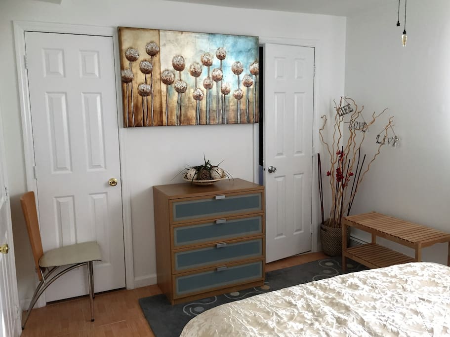 View across from the bed: Drawer space for guest use. Door to a spacious, empty closet on the left. Door to bathroom on the right.