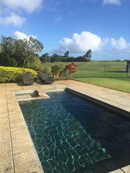 Hale Nene Poipu: private salt water pool and spa with sweeping views of the sunrise/set, horizon-ocean, mountains and golf.