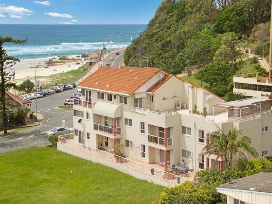 Back view of units, with Kirra Point in backgroound
