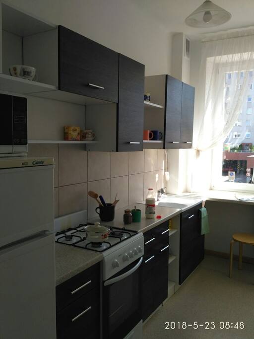 Fridge, Gas cooker with oven, microwave, Electric kettle