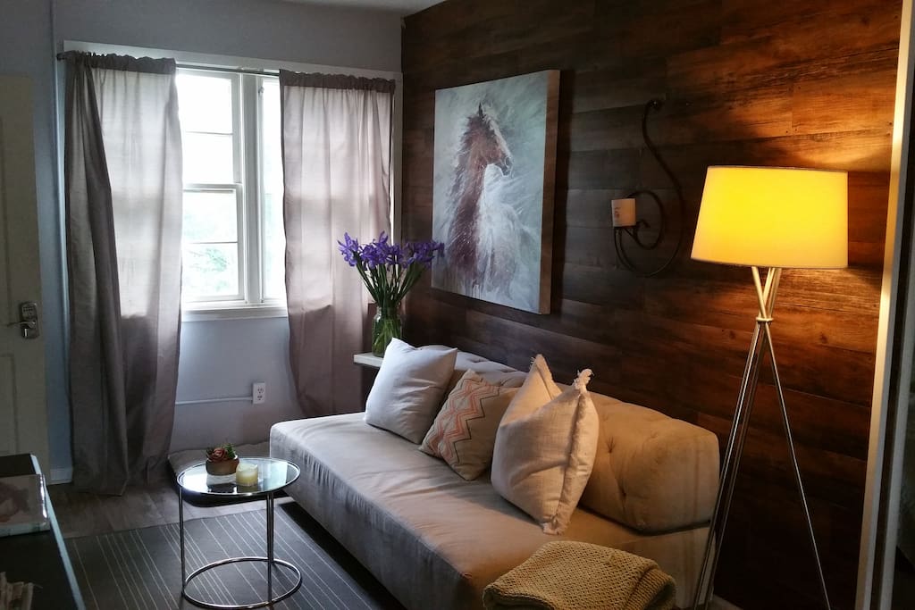 Cozy living room with a 54 inch tv amd natural light.