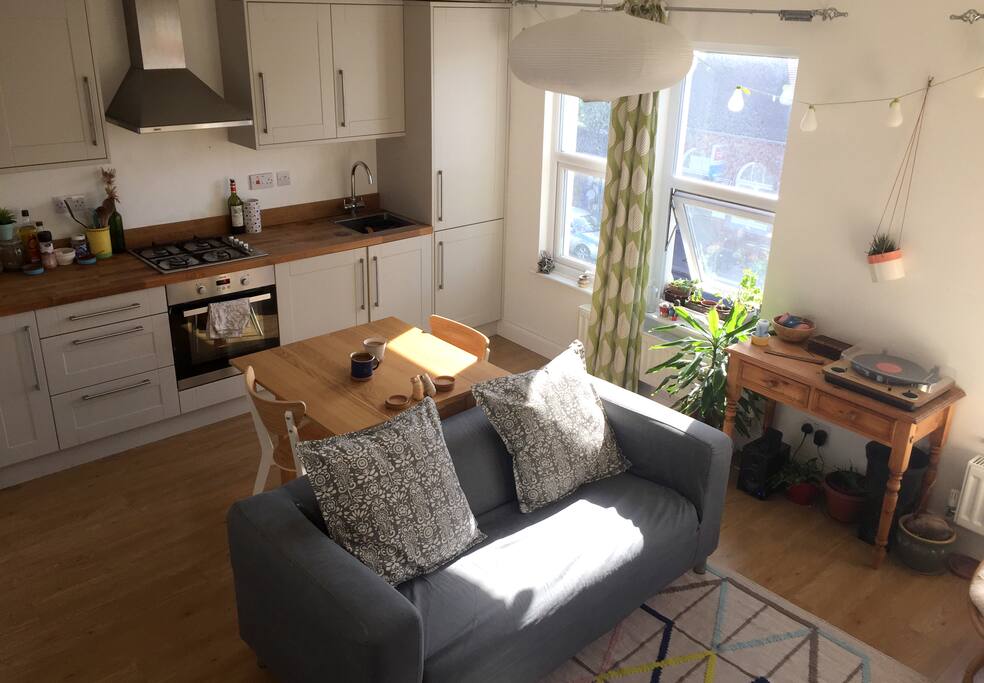 Open plan living room and kitchen.