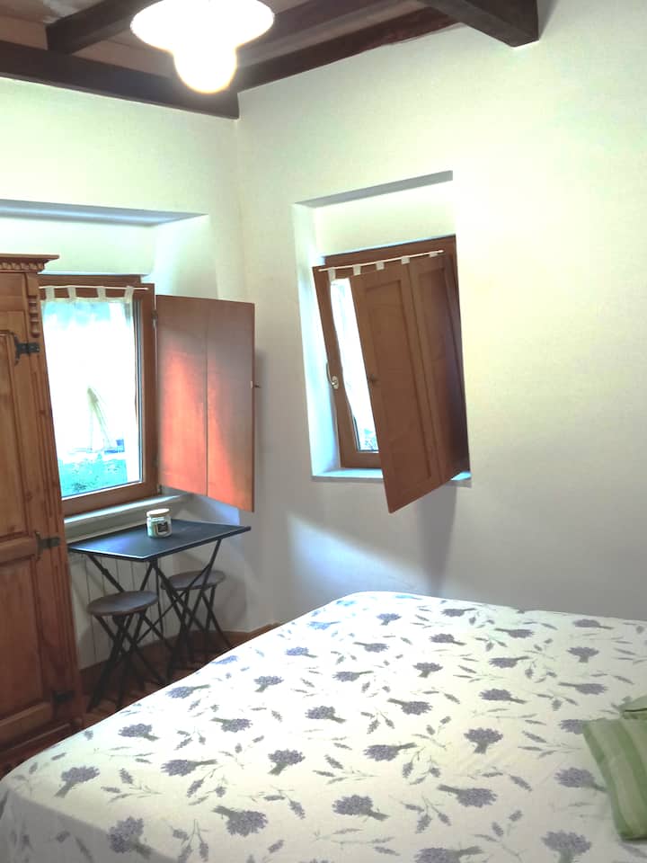  Malá panoramatická izba s veľkou a svetlou kúpeľňou.
Ideálne pre krátke pobyty vzhľadom na veľkosť.
Skladací stôl a stoličky – zaťahovacie.

Strop v terakote a drevených trámoch.
Vpredu: vstupná terasa.

 