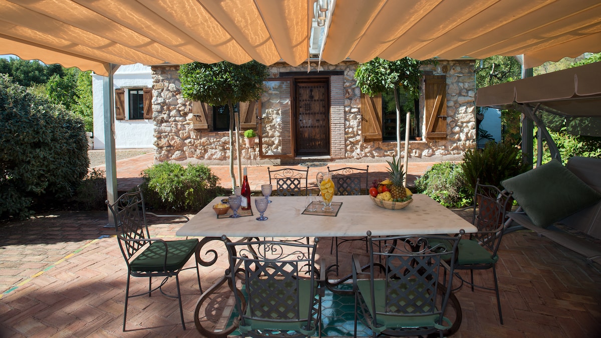 A covered terrace is presented, featuring a large dining table surrounded by six intricately designed metal chairs. Centerpieces of fresh fruit and drinks are arranged on the table. Lush greenery and stone walls enhance the natural atmosphere of the space.