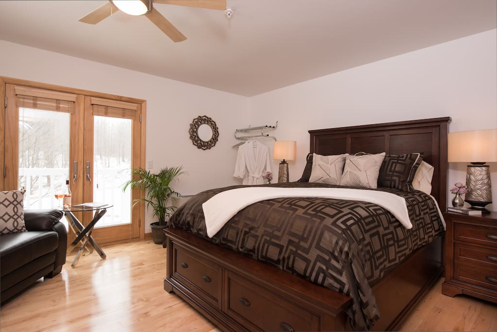 Ultra comfy Queen Bed at River Spring Lodge in Darien Center, NY.