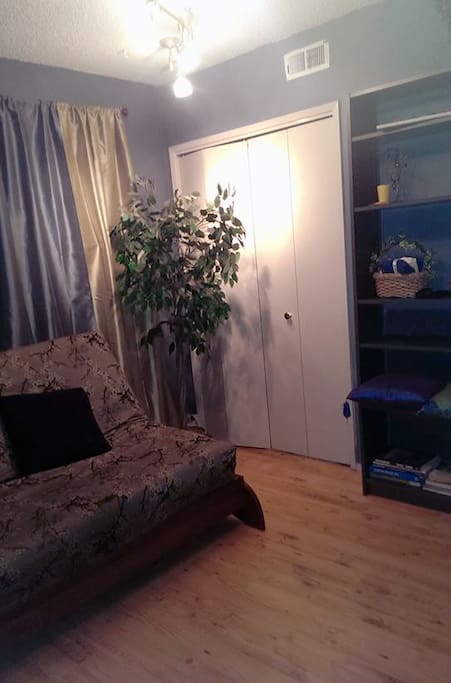 The closet is big enough to store several suitcases and there are shoe racks inside as well.