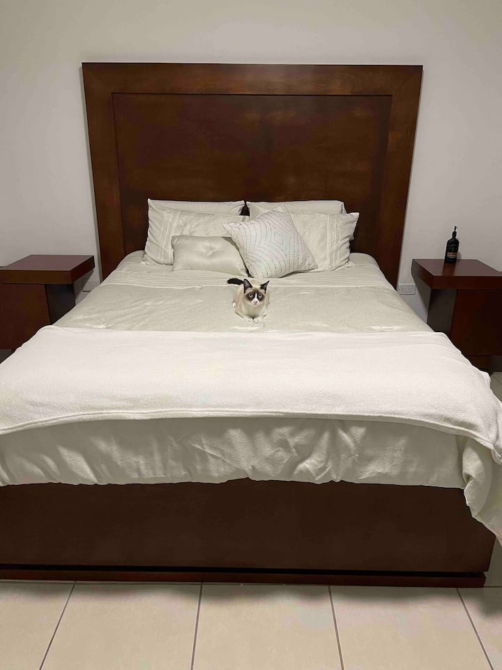 Comfortabel queensize bed geeft je verblijf het gevoel alsof je op het oppervlak van de maan drijft!