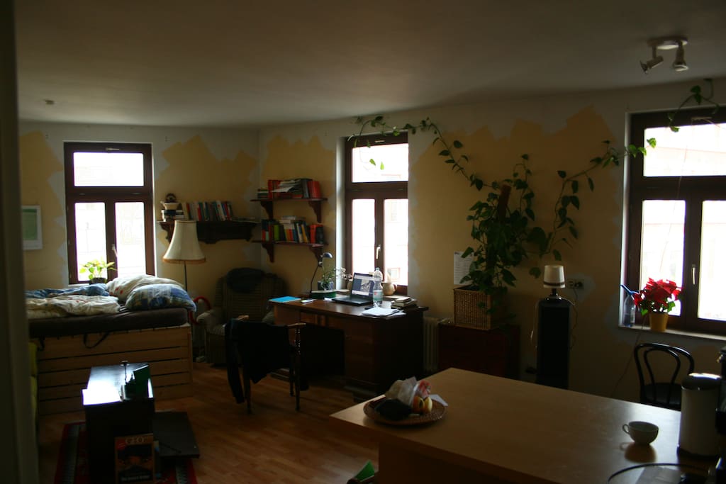 das Zimmer hat etwa 25qm, dazu kommen 4qm Vorraum und 3qm Bad. Obwohl die Wohnung nach Norden ausgerichtet ist, ist sie sehr hell (3.OG).