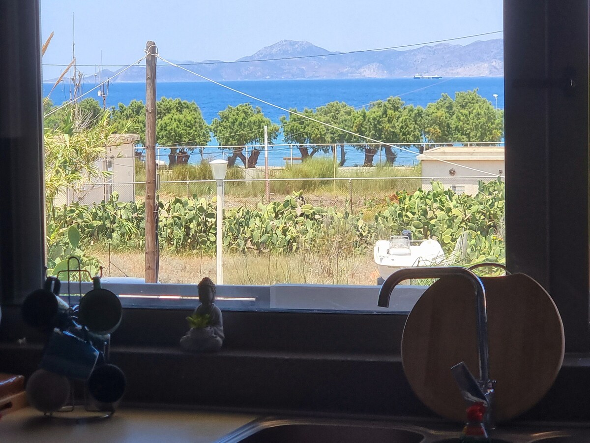 A clear view from a kitchen window showcases the sea and distant mountains. Lush greenery lines the beach, with a few trees providing shade. Visible items include a sink and kitchen utensils, creating a functional space with an inviting backdrop.