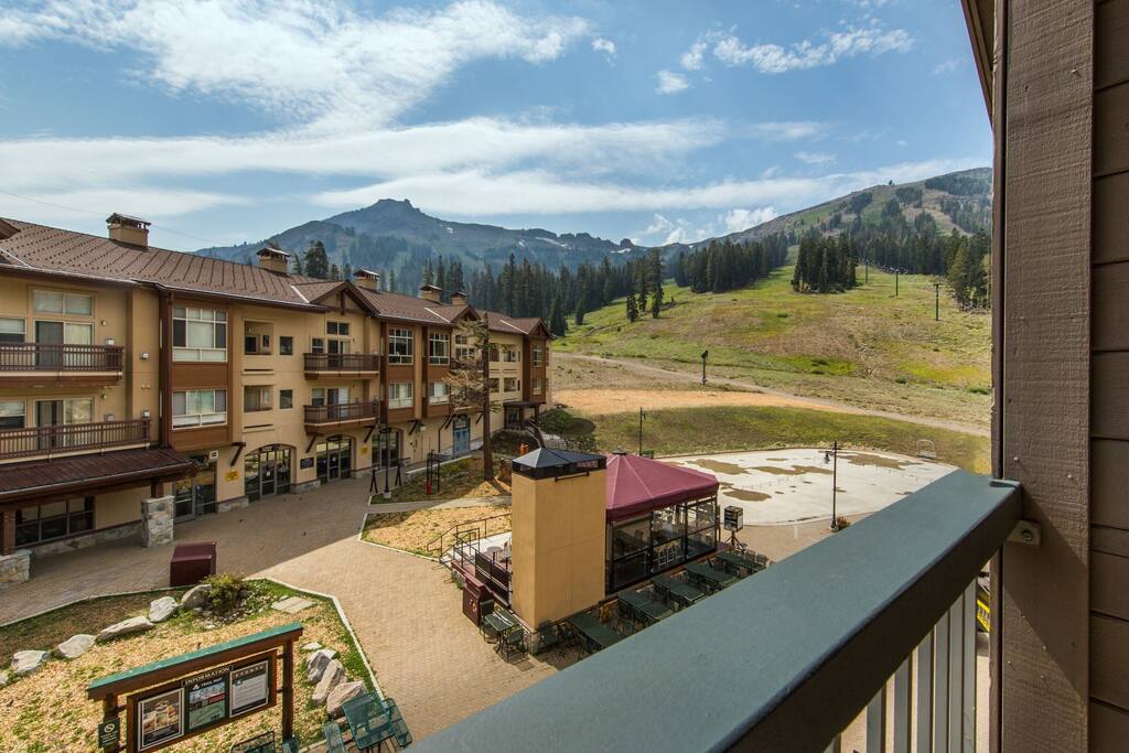 View from balcony looks over the village and lifts