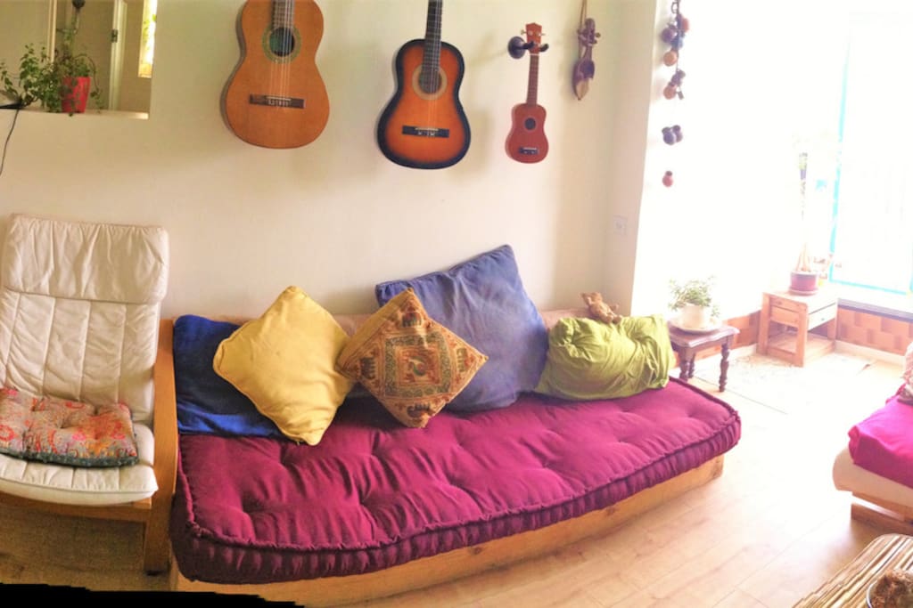 a big living-room with plenty of sofas, guitars, plants and light