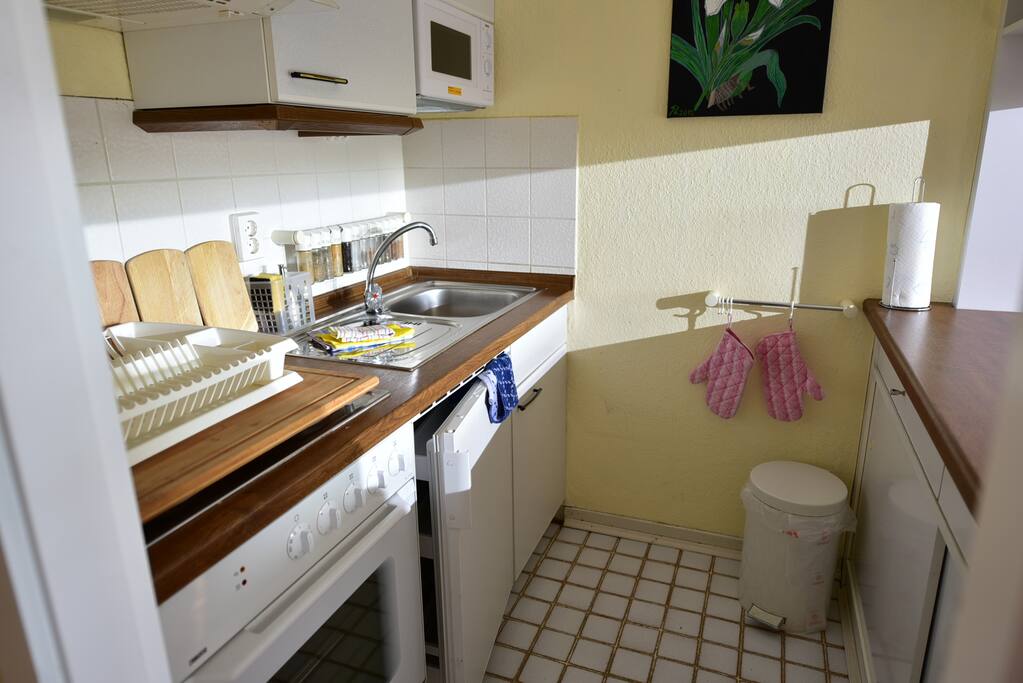 Küchennische mit Mikrowelle, Backofen, Kühlschrank, 4 Kochfeldern