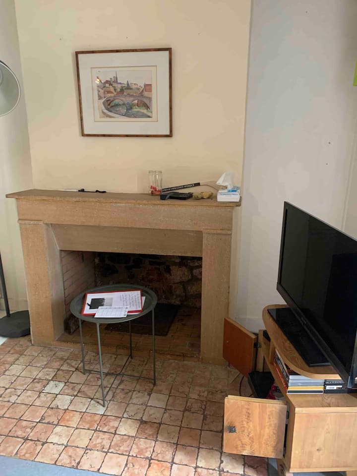 אזור טלוויזיה עם אח דקורטיבית.