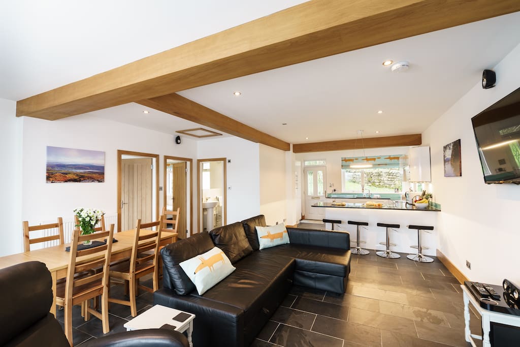 The open plan kitchen and living area.