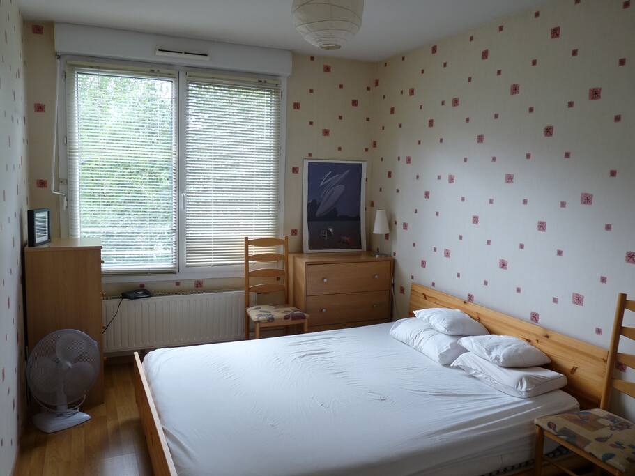 La chambre, un lit 2 places, meubles et placard de rangement