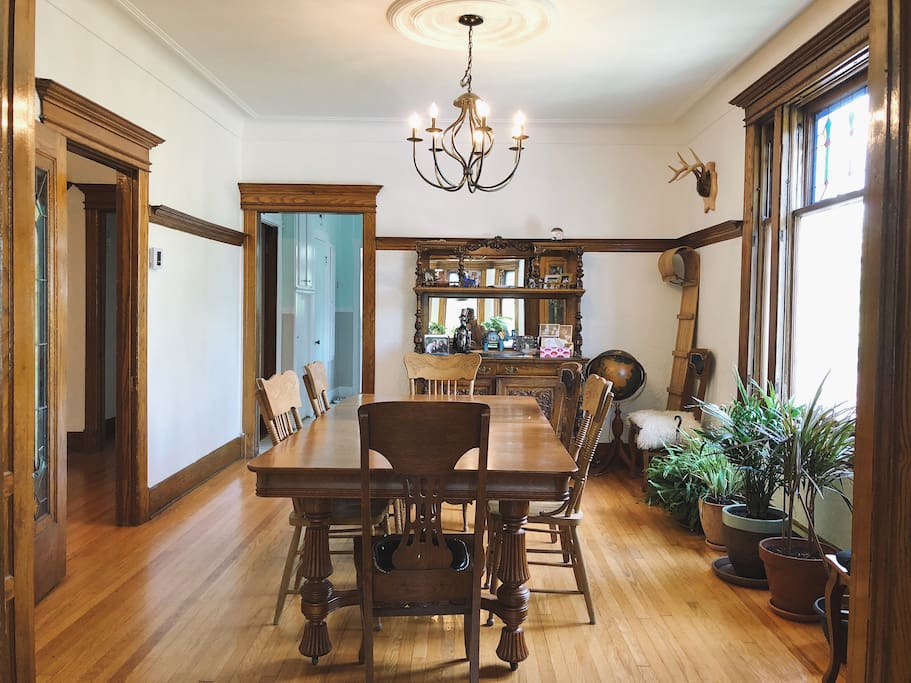 Century-old woodwork decorate the house in every room, particularly in our dining room.