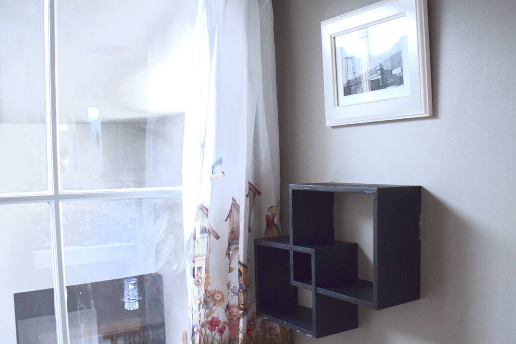 Looking out the window into the loft.