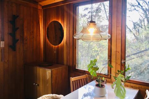 Cosy wood cabin with fireplace and Danube panorama