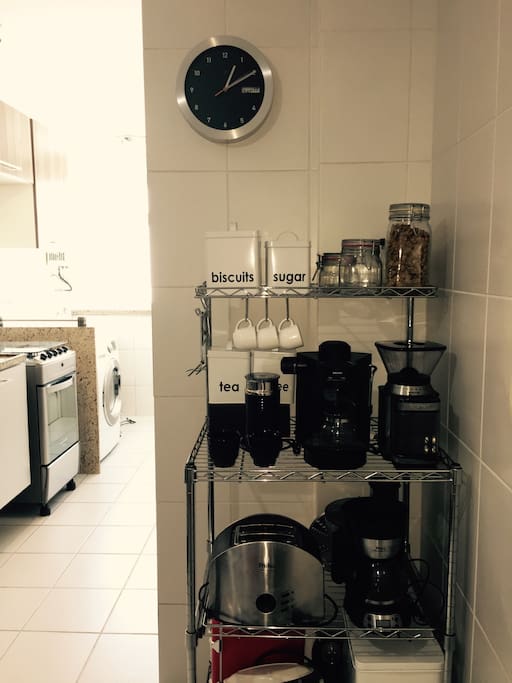 Coffee station with coffee machine, toster, espresso machine, milk foamer, coffee grinder