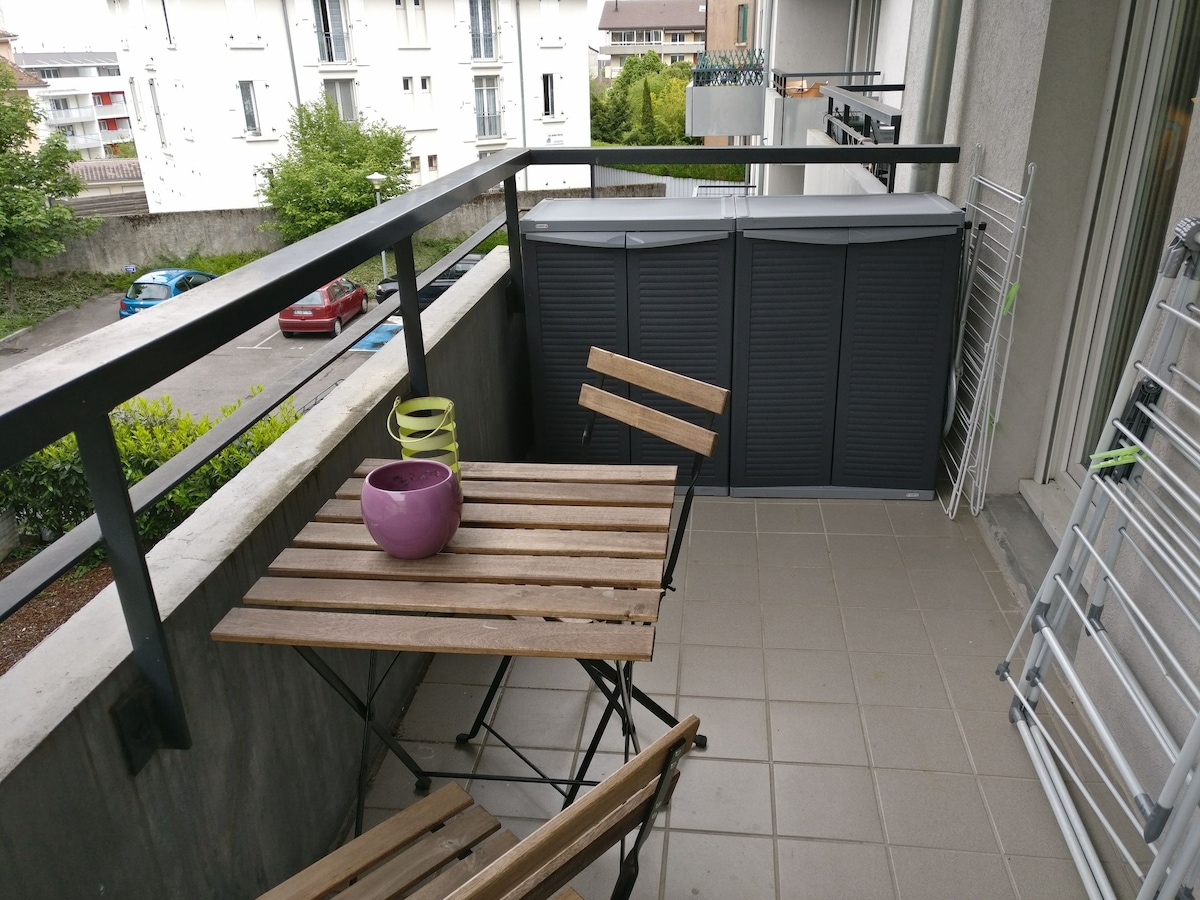 An outdoor balcony area features a wooden folding table surrounded by two chairs. A potted plant sits atop the table, while a storage unit is positioned against the wall. Nearby, a drying rack stands ready for use, and the surrounding view includes greenery and parked cars.