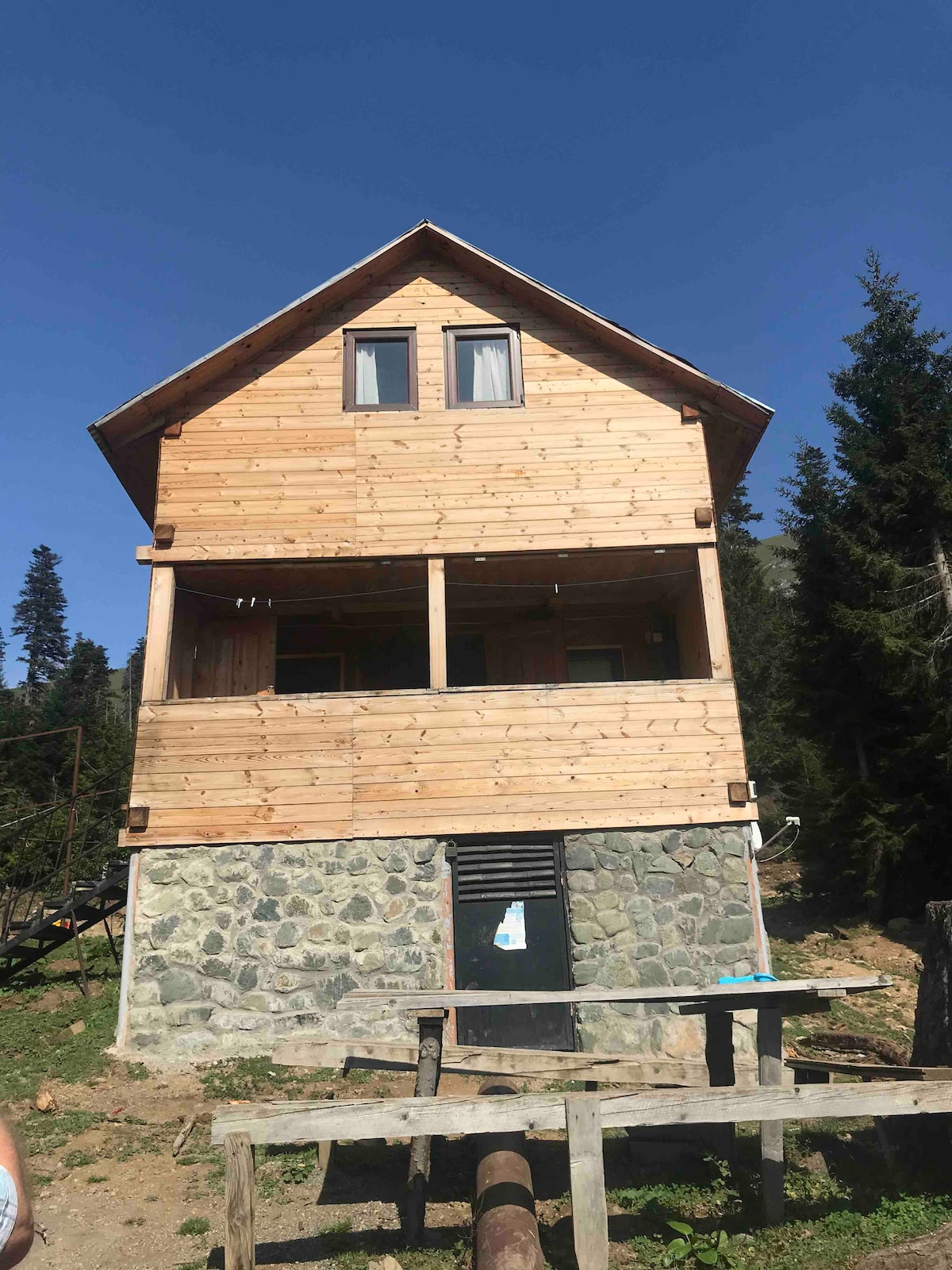 The two-story wooden cabin features a rustic facade with a stone base and a covered porch. Large windows allow natural light to fill the interior. Surrounding pine trees complement the serene outdoor environment.