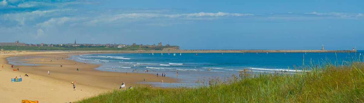 A wide sandy beach stretches along the coastline, meeting a calm blue sea under a clear sky. Soft waves gently lap at the shore, while a few people enjoy the space. Distant landforms add depth to the scenic view, framed by greenery in the foreground.
