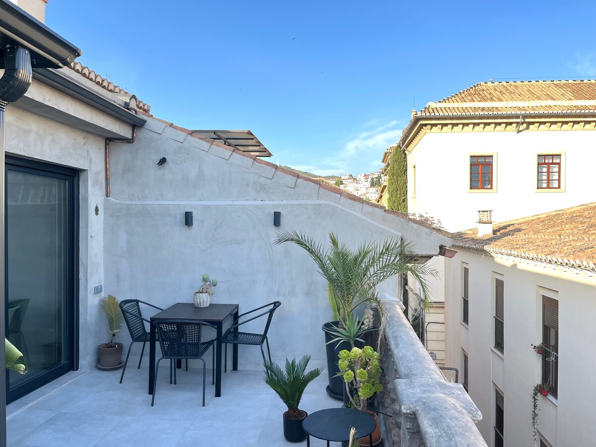 A private terrace is captured, featuring a table and four chairs surrounded by potted plants. The backdrop showcases typical Granada rooftops beneath a clear blue sky, enhancing the inviting atmosphere for outdoor dining or relaxation.