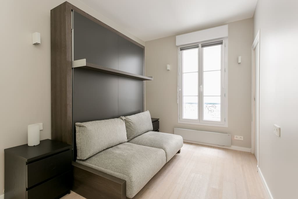 Bedroom pic showing couch and hidden Murphy bed.