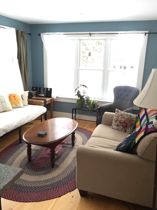 Sunny, comfortable living room with short-range mountain views, plus the garden and a pasture