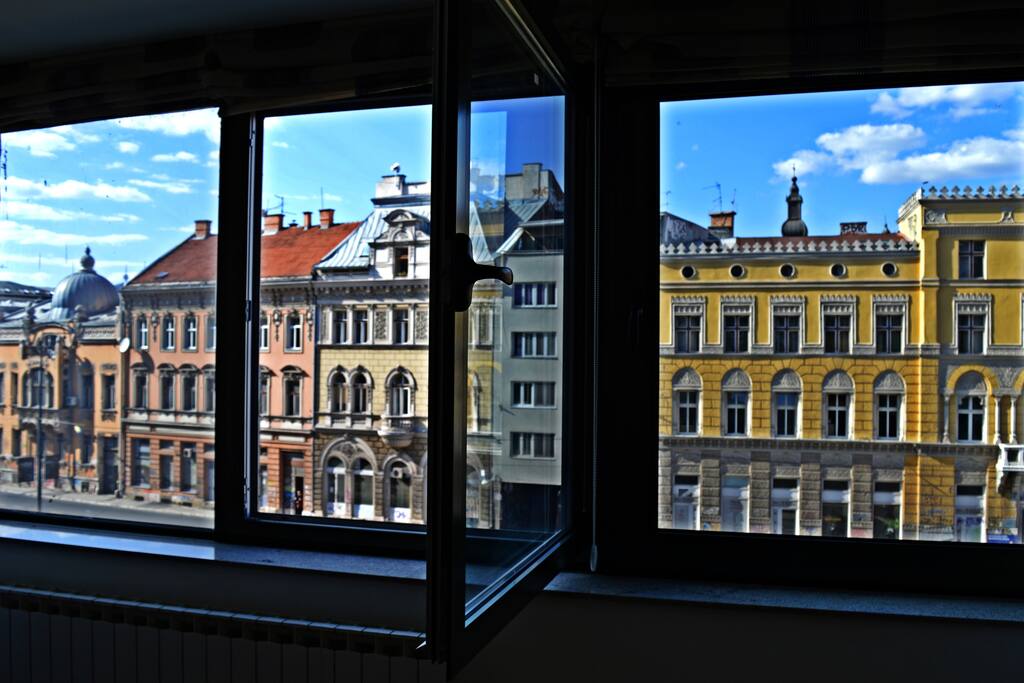 Colorful view from the living room window.