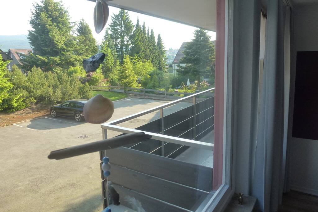 Blick auf den Balkon und den Parkplatz