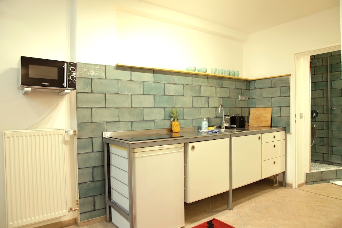 A modern kitchen is shown, featuring sleek cabinetry and a stainless steel countertop. A microwave is mounted above the counter. The backsplash consists of blue-green tiles, and a refreshing pineapple sits on the counter. A radiator is mounted on the wall to the left.