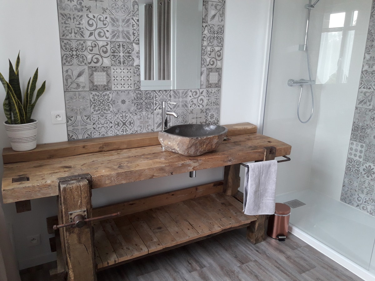 A modern bathroom features a wooden vanity showcasing a sculptural stone sink. Decorative patterned tiles line the walls, complementing the sleek glass shower enclosure. A potted plant adds a touch of nature, while a towel hangs neatly on the side for convenience.