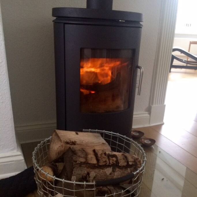 The fireplace.