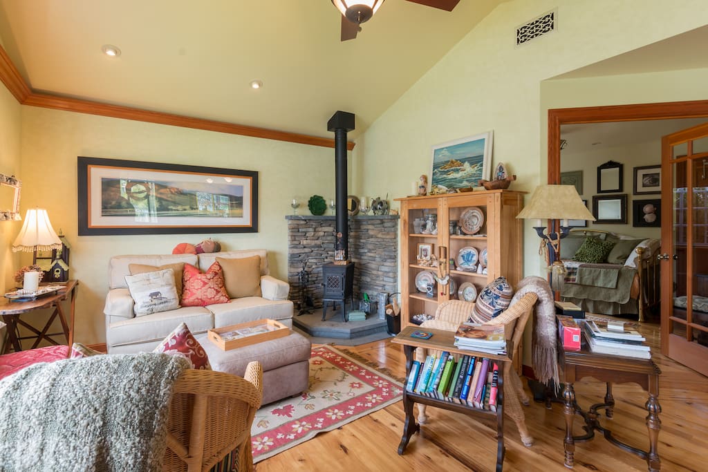 Living room with wood burning fireplace