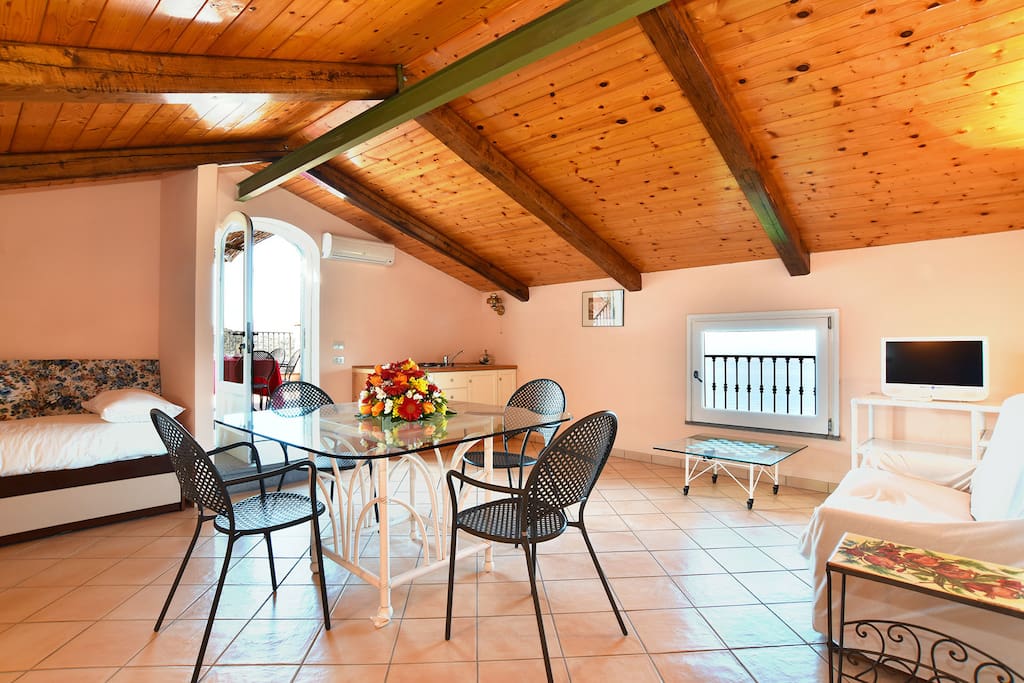 Salotto con angolo cottura, zona pranzo e divano letto