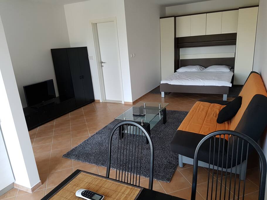 Living area of the spacious 40m2 apartment with big terrace