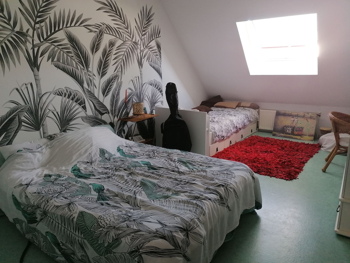 The room features a large bed with a patterned duvet, complemented by a smaller bed nearby. A wall adorned with tropical foliage creates a serene backdrop, while a red rug adds a touch of warmth. Natural light enters through a skylight, brightening the space.