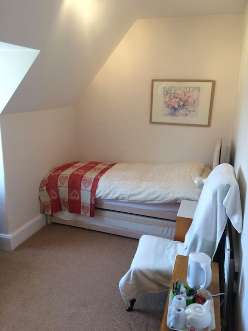 Comfy single bed which can be made into a twin/double. Tea tray with kettle, tea/coffee/sugar for own use. Hairdryer.