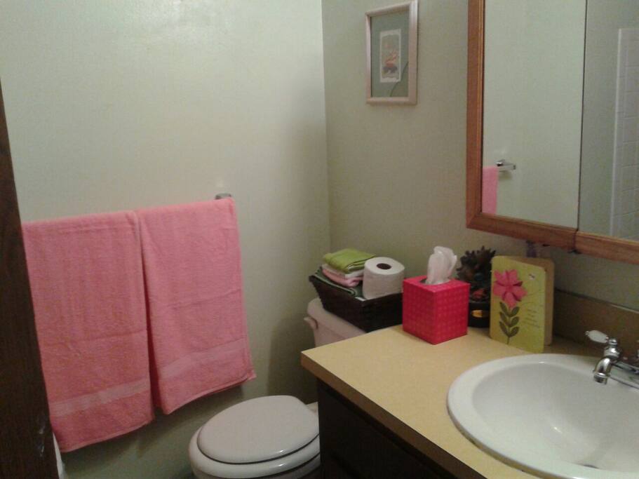Shared bathroom with tub and shower