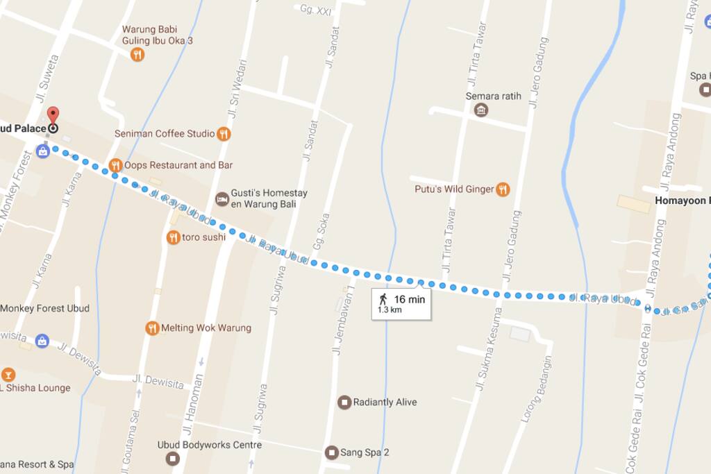 Just 1,3km or 16 min walking to Ubud Palace(consider as Ubud Center) from Homayoon Private Villa