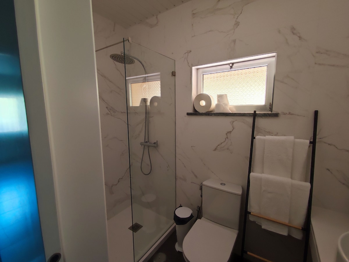 A modern bathroom features a glass-enclosed shower with a rain showerhead and tiled walls. A white toilet sits adjacent to the shower, while neatly folded towels are displayed on a wooden rack. Natural light enters through a small window, illuminating the space.