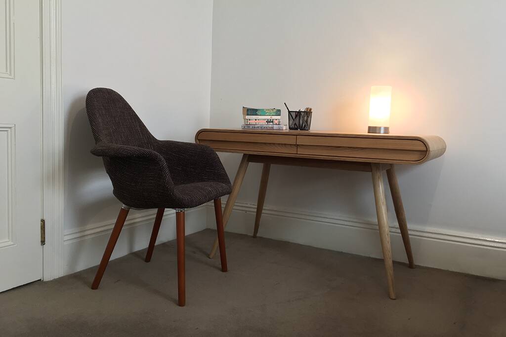 Designer desk and chair for quiet study or work in your bedroom.
