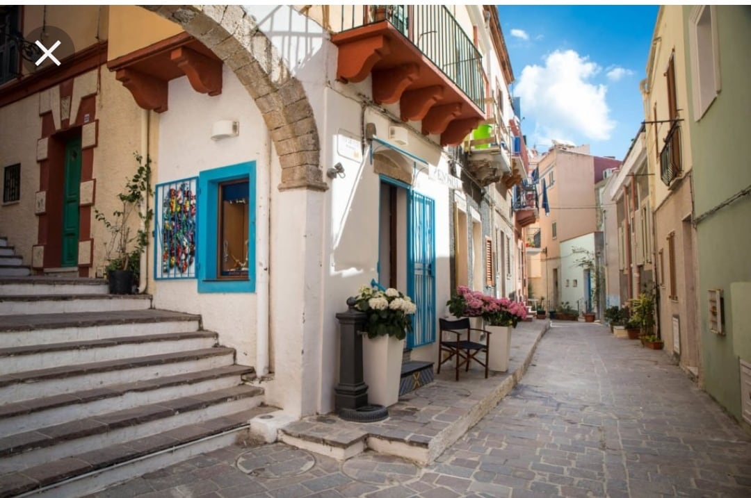 A charming alleyway is framed by colorful buildings with decorative doors and window shutters. Potted flowers add vibrancy along the cobblestone path, which is bordered by a staircase leading to the next level of the street. A clear sky provides bright natural light to the scene.