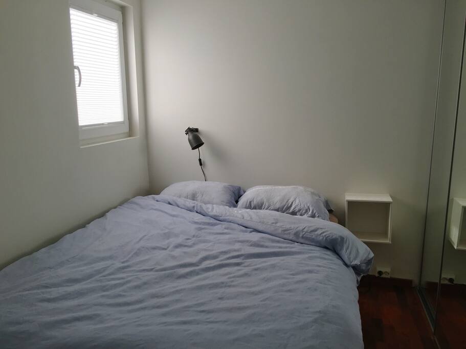 Master bedroom. Choose between a double or two single duvets. There is plenty of closet space on the right hand side of the bed.