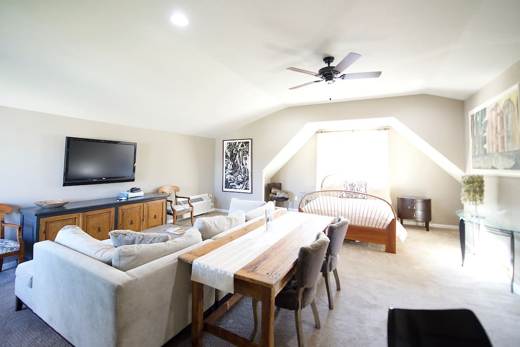 Open concept room, comfy down-filled couch and TV